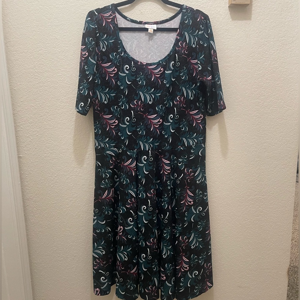 LuLaRoe Black Floral Scoop-Neck Midi Dress with Teal & Pink Accents